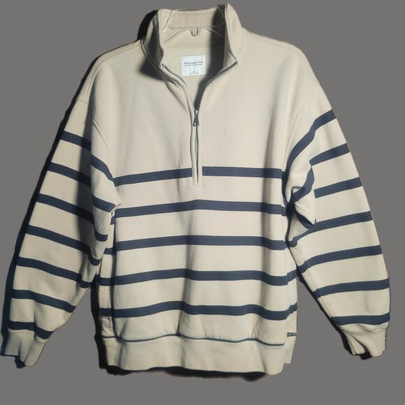 Abercrombie & Fitch Women's Blue & Lt Beige Striped 1/4 Zip Sweatshirt - Size S - Picture 6 of 13